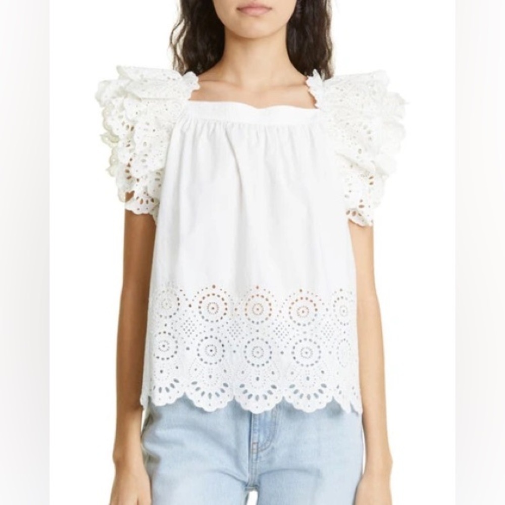 ULLA JOHNSON Elyse Broderie Anglaise Cotton-Poplin Blouse- size 8